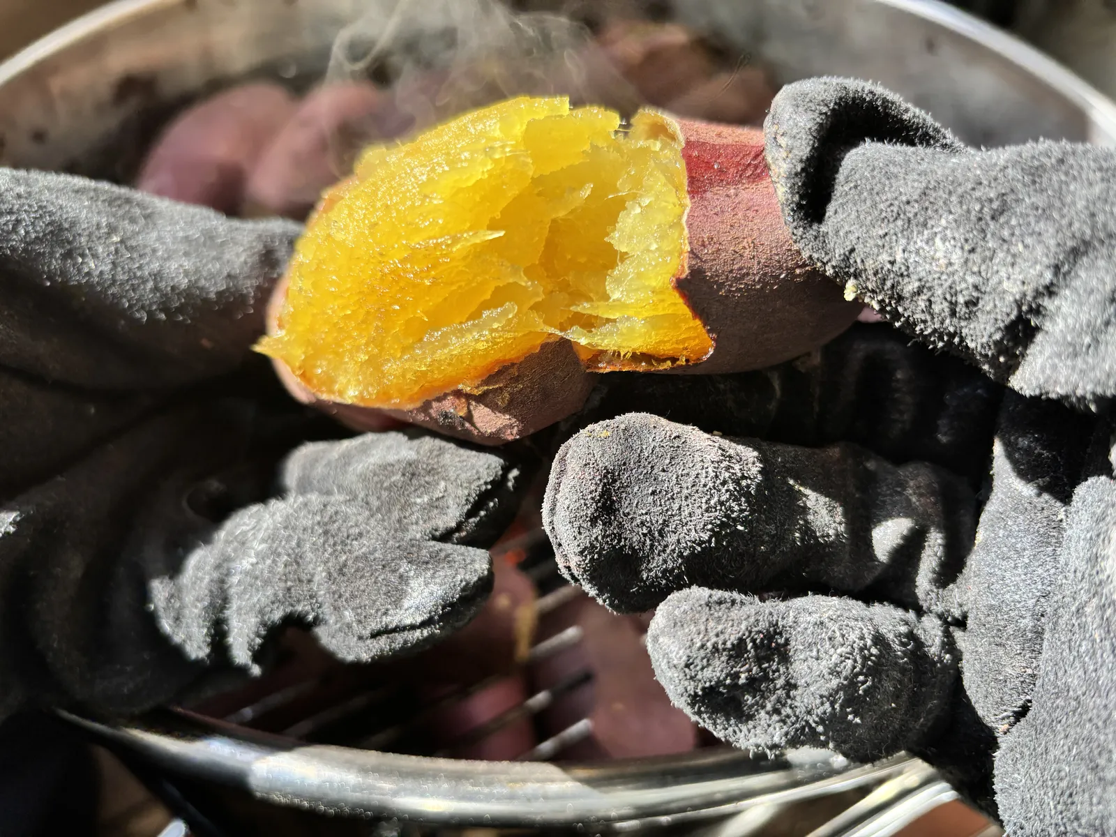 黒革手袋で焼き芋を割り、蜜が輝き湯気が立ち上る瞬間